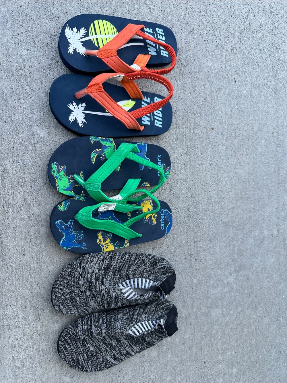 Carter's Flip Flops and slip on knit grippy shoes (3 pairs)